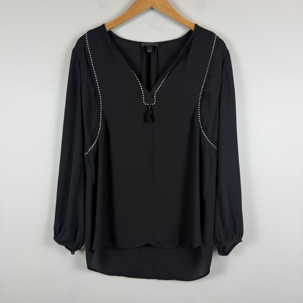 J.Crew Top Women's 4 Black White Piping Tasseled Puff Sleeve‎ Blouse Whimsigoth